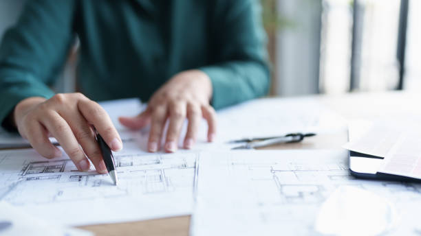 istock Architecture drawing on architectural Creative project business architecture building constructionÂ Industrial engineering 2162359580