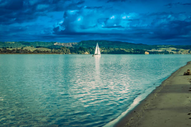Lone yacht caught by sun sailing across bay under ominous clouds