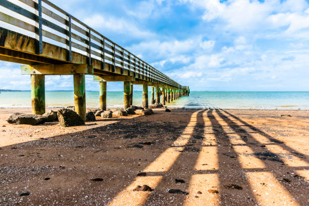 Cornwallis Wharf and its leading innes and shadow across beach to waters edge.1