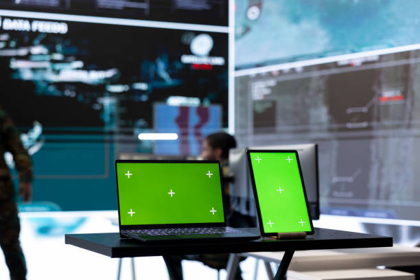 istock Laptop with isolated copy space screen running in control tower 2162363467