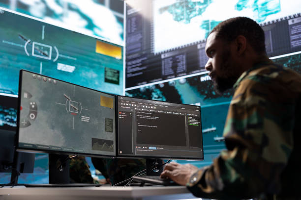 istock Military intelligence specialist uses high tech satellite systems and cctv radar 2162363806
