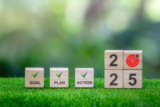istock Action Plan 2025 Cube with text 2025 plans, goals, actions to list and plan for next year. Wooden cube with year 2025, plans, goals, actions, development towards success and motivation. 2162364316