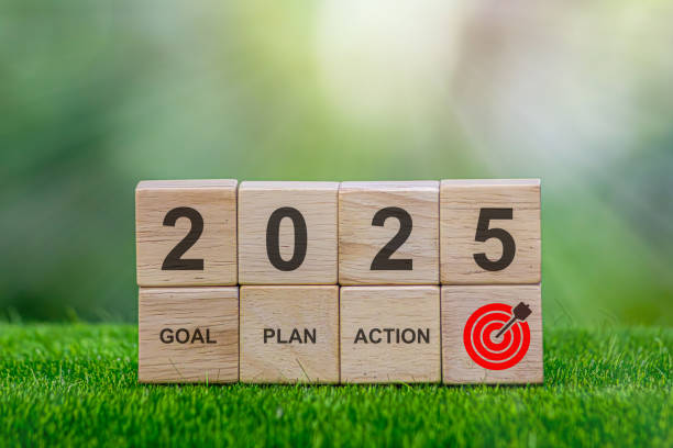 istock Action Plan 2025 Cube with text 2025 plans, goals, actions to list and plan for next year. Wooden cube with year 2025, plans, goals, actions, development towards success and motivation. 2162364385