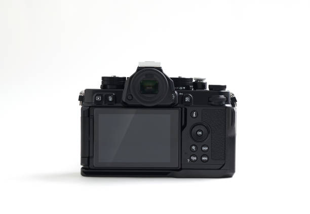 istock Black digital mirrorless camera with blank LCD and buttons. Rear view, isolated on a white background. Full depth of field. 2162364584