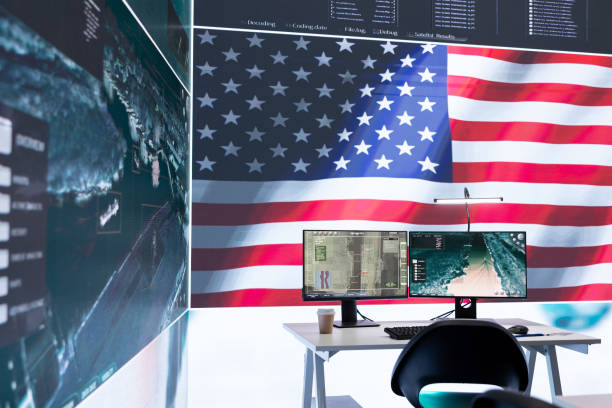 istock Empty army command center with big data presents the American flag 2162364611