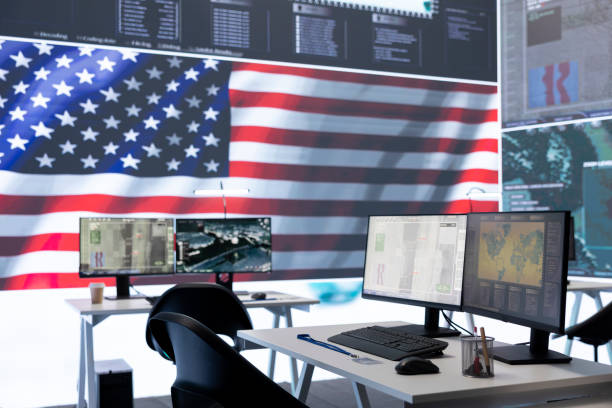 istock Empty operations center with an American flag working on national safety 2162364624