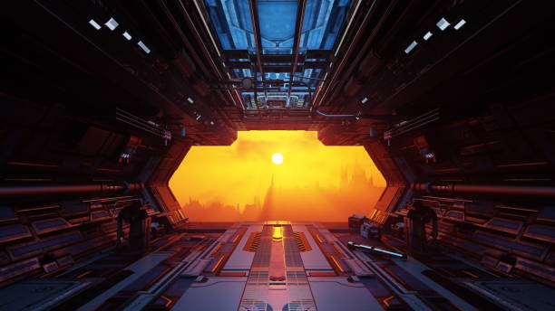 istock Futuristic spaceship interior with a large window showcasing a vibrant orange sunset and a distant cityscape. The view is from the interior of the spacecraft, looking out. 3d render 2162364796