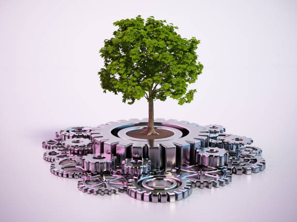 Green Tree Growing on Interlocking Metal Gears. Eco Business Concept