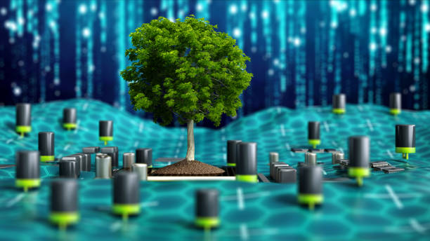 istock Green Tree Growing on a Circuit Board With a Blue Digital Background. Eco Business Concept 2162368722