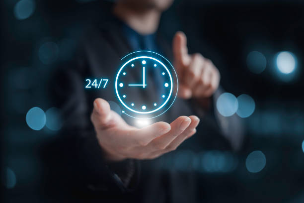 istock nonstop service concept. businessman hand holding virtual 24-7 with clock on hand for smart phone nonstop and full-time available contact of service concept. customer service. 2162370777