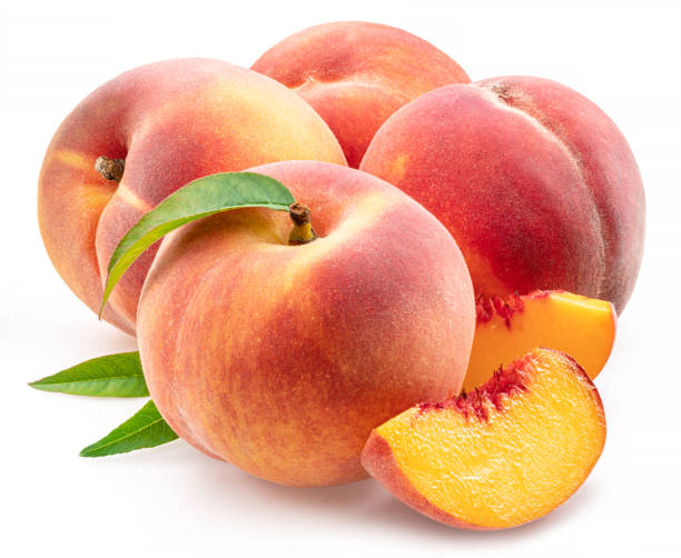 istock Ripe peaches with leaf and peach slices isolated on white background. 2162374961