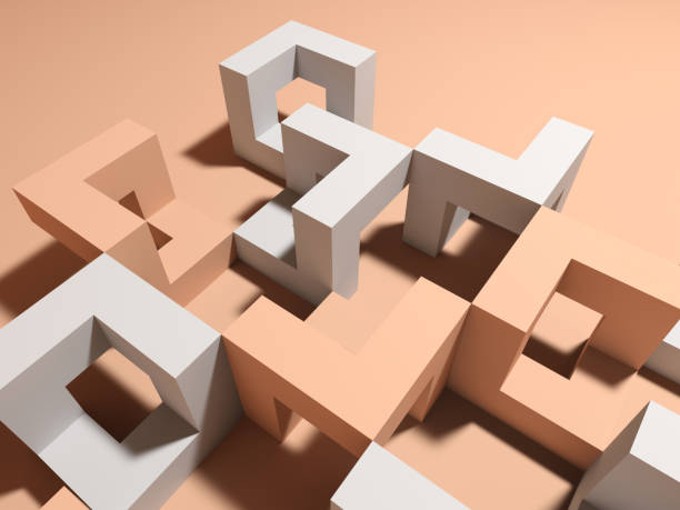 istock Abstract geometric installation with cubical shapes 3 d 2162377540