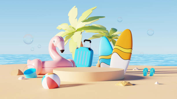 istock 3D render, Podium display on summer beach background for showing product, holiday vacation concept. 2162377677