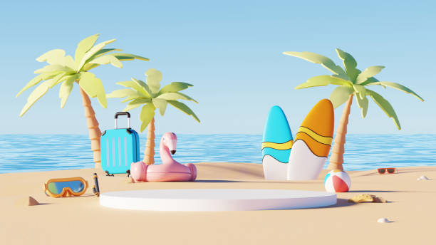 istock 3D render, Summer beach background with podium or pedestal for product presentation,  minimal summer element decoration. 2162377688