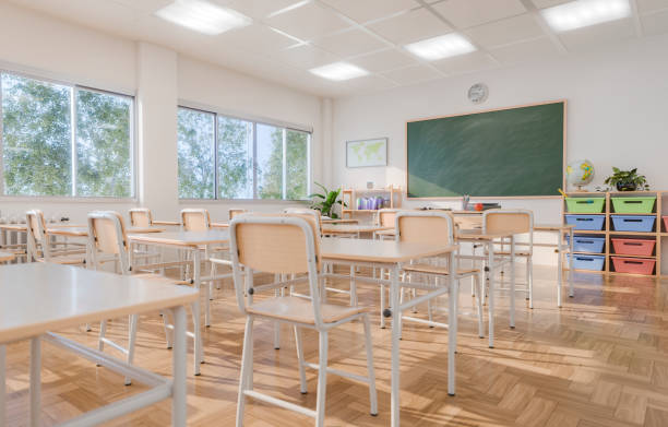 Empty Classroom with Desks and Chairs in Brightly Lit Environment