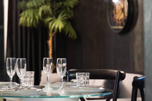 istock Glass table Dining table setting in a luxury apartment hotel room close up 2162385226