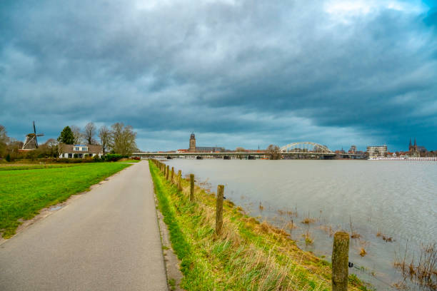 Deventer at the river IJssel with high water level after heavy rainfall upstream in Germany in December 2023.