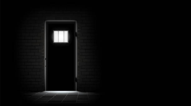 istock Prison dark background. Metal door to barred window and brick wall. Jail cell room interior. Concept design for quest, escape games. Deprivation freedom. Detention centre. Illustration. 2162387852