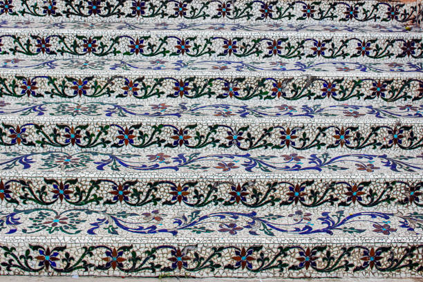 vibrant and intricate tile panel with a geometric pattern in shades of red, green, and yellow, creating a visually stunning and culturally rich decorative element