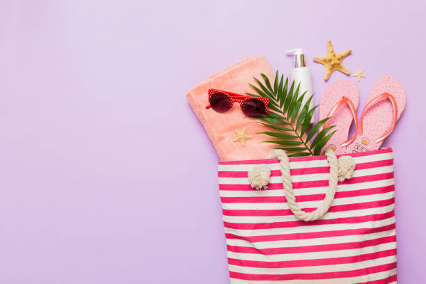 istock Composition with stylish beach accessories on colored background, top view. Beach fashion flat lay, summer concept. Trendy colors 2162395477