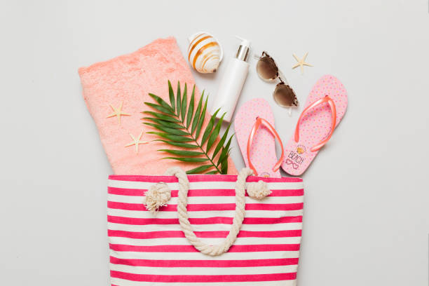 istock Composition with stylish beach accessories on colored background, top view. Beach fashion flat lay, summer concept. Trendy colors 2162395479