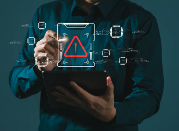Hacked system notification With virtual warning signs for cyber attacks, ransomware, viruses, spyware, malware or malicious software. data breach cyber security and cybercrime