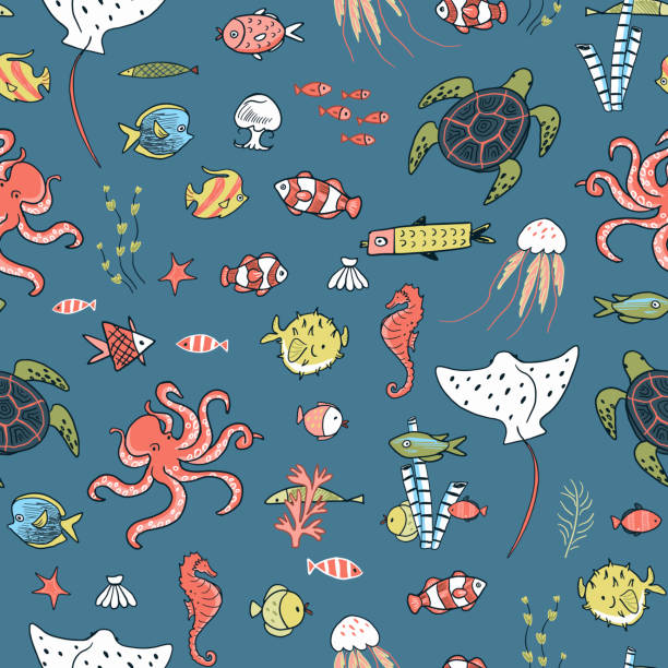 istock Set of hand drawn vector illustrations of sea animals in cartoon style. 2162396877