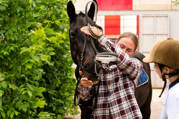 istock Woman adjusting bridle on horse while interacting with rider. 2162397783
