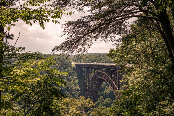 Side view on steal New River George Bridge located in West Virginia