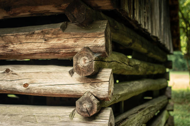 istock Side view on corner wall of old wooden building 2162398867