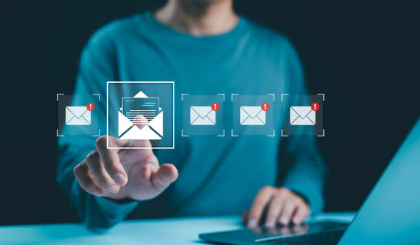 istock Email notification management concept. Checking digital email, A person with new email notification icons on a digital interface, email communication, messaging alerts, and online correspondence. 2162399584