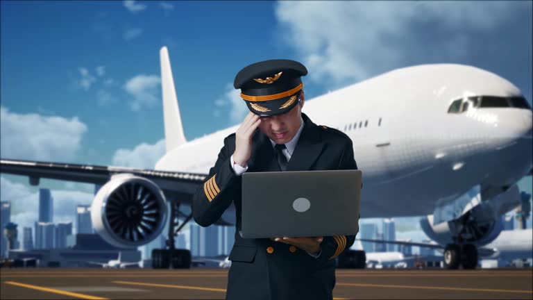 Asian Man Pilot Using A Laptop And Having A Headache While Standing In Airfield With Airplane On Background