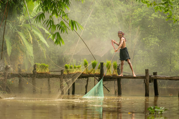istock Fisherman atop the bridge netting fish in the river with a fishnet 2162401598