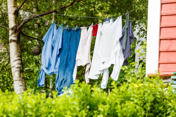 istock Laundry drying outside in green scenery 2162409812