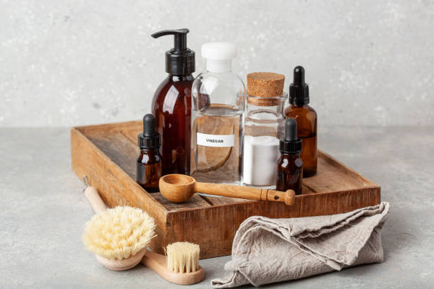istock zero waste eco friendly cleaning concept. wooden brushes, baking soda, vinegar 2162412682