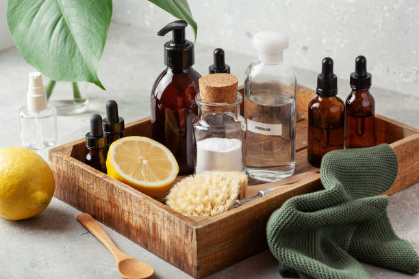 istock zero waste eco friendly cleaning concept. wooden brushes, baking soda, vinegar 2162412796