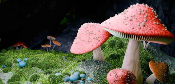 istock Red mushroom, close-up, small plant, mushroom tree, 3D illustration 2162413225