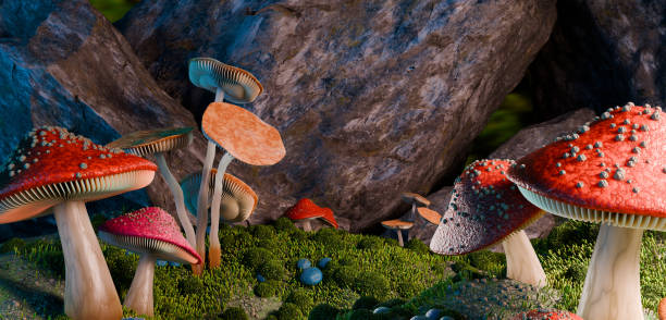 istock Red mushroom, close-up, small plant, mushroom tree, 3D illustration 2162413235