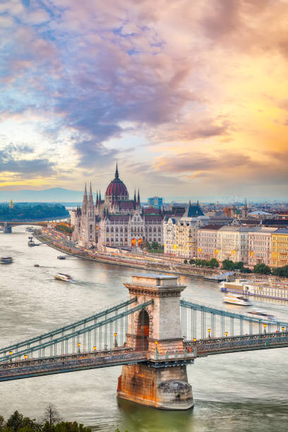 Budapest city evening scene. View at Chain bridge, river Danube and famous building of Parliament. Location: Budapest, Hungary, Europe.