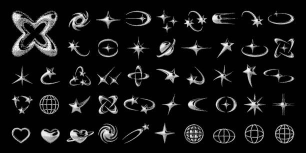 illustrazioni stock, clip art, cartoni animati e icone di tendenza di elementi 3d cromati impostati con forme a stella, cuore e y2k in stile pixel halftone retro-futuristico - il millennio