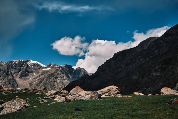 Boulders scattered in a lush mountain valley under clouds