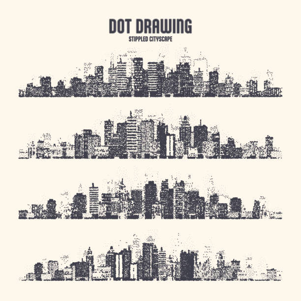 Stippled city silhouettes. Cityscape, town skyline. Midtown, downtown with buildings, houses and skyscrapers. Stippling, dot drawing and shading, stipple pattern, halftone effect. Vector illustration Stippled city silhouettes. Cityscape, town skyline. Midtown, downtown with buildings, houses and skyscrapers. Stippling, dot drawing and shading, stipple pattern, halftone effect. Vector illustration. new york skyline drawing stock illustrations