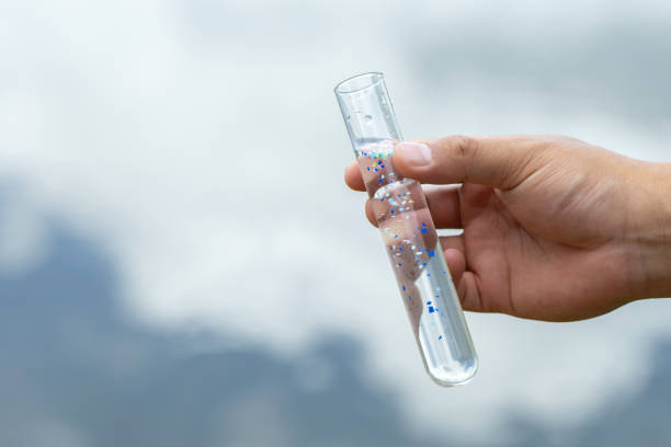 istock Microplastics. Male hands holding a test tube containing microplastic fragments and dirt on a lake. plastic pollution and industrial waste management. environment. Testing the water quality of rive 2162416595