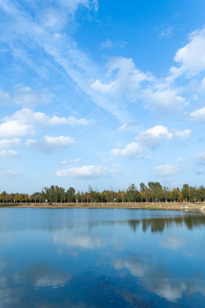 Blue sky and white clouds reflected in the lake