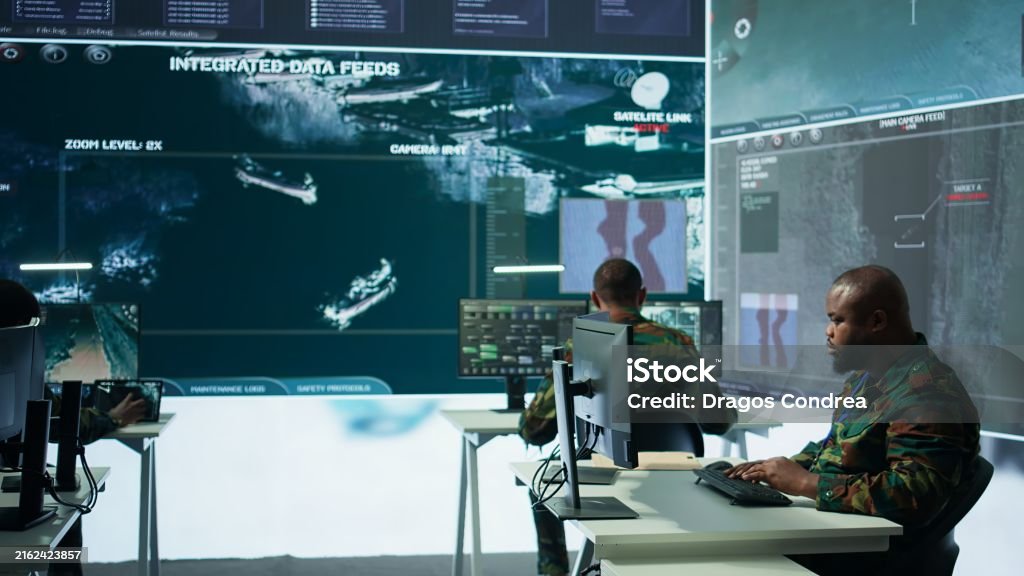 Tech Troops Military Crew In A High Tech Operations Command Post Managing ...