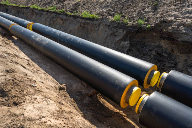 istock Newly laid pipe in a fresh trench. Unfinished pipeline 2162424915
