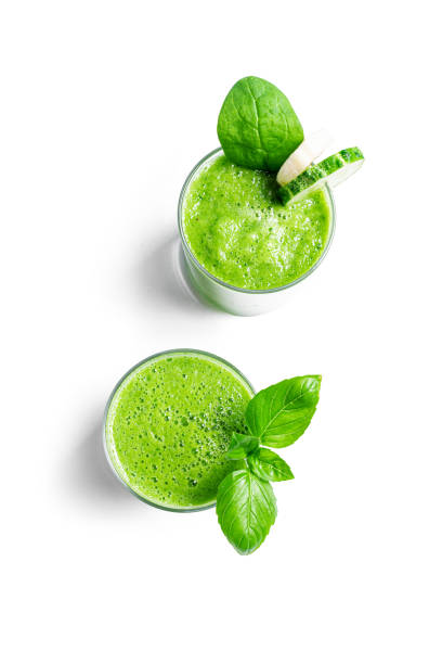 istock Detox green vegetable smoothie in glasses 2162425191