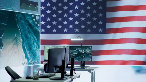 istock Empty operations center with an American flag working on national safety 2162426338