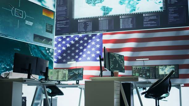 istock Empty army command center with big data presents the American flag 2162426380