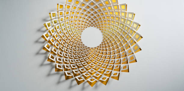 istock Intricate geometric paper art installation with a yellow gradient spiral pattern creating a mesmerizing visual effect. 2162426837